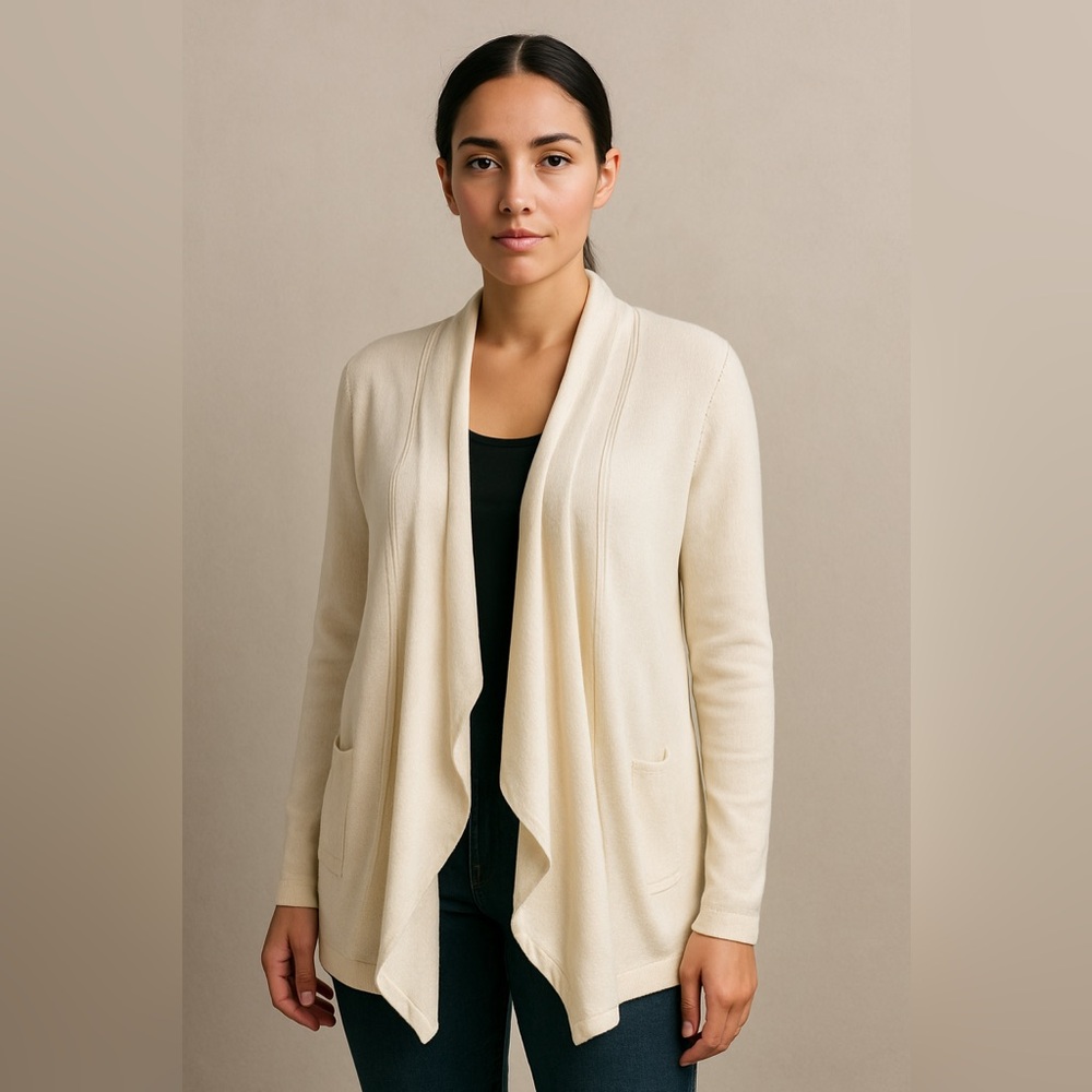 New York & Company Cream Open-Front Draped Knit Cardigan Sweater Women’s Medium